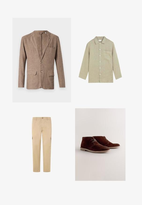 Blazer de lino marrón con solapa con muesca, dos bolsillos frontales, un bolsillo en el pecho y cierre de un botón, con un acabado texturizado.; Camisa beige de manga larga con botones, con cuello y un único bolsillo en el pecho, exhibida extendida sobre un fondo blanco.; Pantalones cargo beige de algodón, con pierna recta, dos bolsillos laterales y cierre de botón en la cintura. Textura suave.; Botines de ante marrón con punta redondeada, cordones grises y suela de goma de color claro. Diseño sencillo con detalles de costuras.