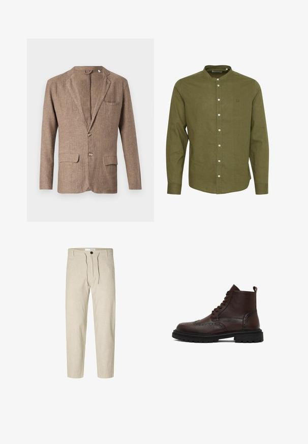 Brun linned blazer med notch-lapel, to frontlommer, en brystlomme og enkeltknaplukning, der har en tekstureret overflade.; Olivengrøn langærmet skjorte med opretstående krave, knaplukning foran og hvide knapper. Lavet af tekstureret stof med broderet logo.; Selected Slim Tapered Linen Blend - Bukser - vetiver; Brun læder ankelstøvle med snørelukning, brogue-detaljer, en tekstureret overdel og en robust sort gummisål.