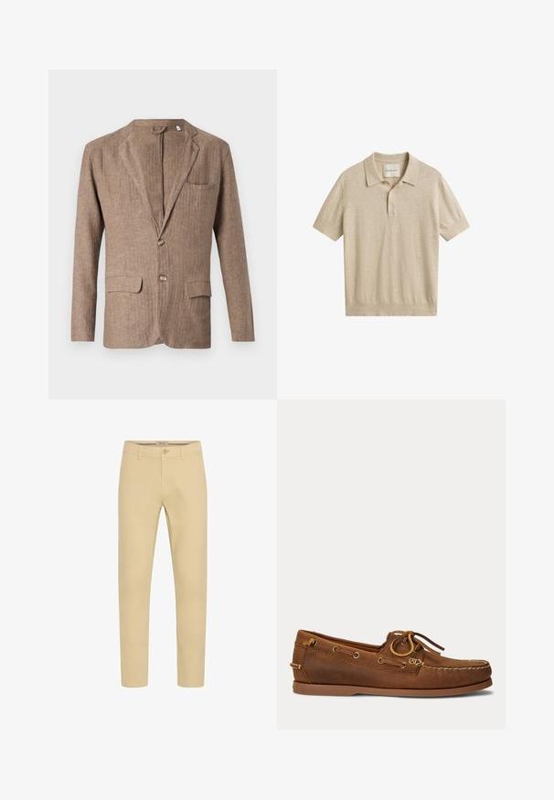 Brauner Leinenblazer mit Reverskragen, zwei Vorderaschen, einer Brusttasche und einer Ein-Knopf-Verschluss, der eine strukturierte Optik aufweist.; Beiges Poloshirt mit kurzen Ärmeln, gerippten Bündchen und Saum, Zwei-Knopf-Leiste und GANT Markenetikett im Krageninnenseite.; Beige Chinos mit slim fit, aus Baumwollstoff gefertigt. Mit Knopf- und Reißverschluss, vorderen Taschen und einer glatten, matten Textur.; Brauner Leder-Bootsschuh mit Mokassin-Naht, Schnürdetail durch Metallösen und flacher Gummisohle, seitliche Ansicht.