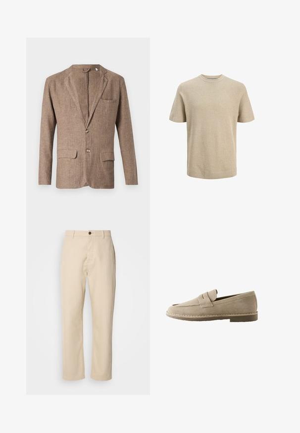 Brun linned blazer med notch-lapel, to frontlommer, en brystlomme og enkeltknaplukning, der har en tekstureret overflade.; Kortærmet beige strikket sweater med rund hals og ribstrikkede kanter ved manchetter og kant, vist på hvid baggrund.; Beige bomuldsbukser med lige ben, en frontknaplukning, sidelommer og en glat tekstur. Minimalistisk design, ingen synlige mønstre.; Beige ruskind slip-on loafer med en syningsdetalje på remmen, lav hæl og gummisål, vist fra siden på hvid baggrund.
