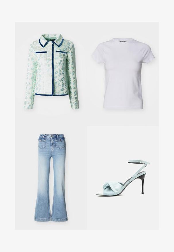 Jas met bloemenpatroon in lichtgroene stof, met een blauwe kraag en afwerking, twee voorzakken en een getailleerd ontwerp met lange mouwen.; Noisy May NMKATINKA - T-shirt basic - bright white; Lichtblauwe high-waisted spijkerbroek met wijde pijpen, twee voorzakken met klep en knoopsluiting, en een knoop- en ritssluiting.; Lichtblauwe suède sandaal met hoge hak, voorzien van een geknoopte voorstrap en een dunne enkelriem met gesp op een zwarte stilettohak.