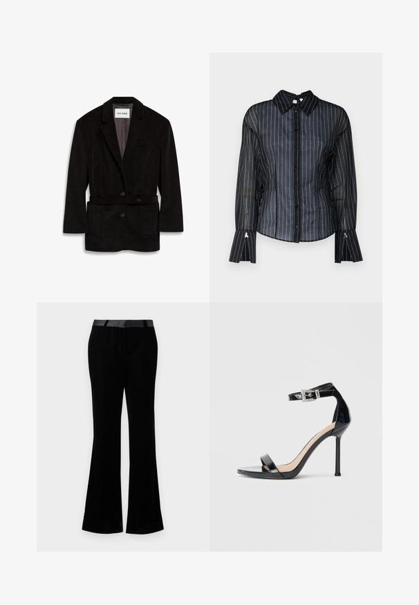Blazer de pana negra con un corte ajustado, dos botones, cintura ceñida y bolsillos delanteros. Interior forrado en un color contrastante.; Blusa negra transparente con rayas verticales blancas, cuello clásico, cierre de botones en la parte delantera y puños acampanados. Textura suave con un brillo sutil.; Pantalones acampanados negros de tela suave. Presentan una cinturilla plana con un acabado brillante. Diseño ajustado con dos bolsillos frontales.; Sandalia de tacón alto en piel sintética negra con correa en el tobillo. Presenta un diseño minimalista, punta abierta y una hebilla con detalles de pedrería.
