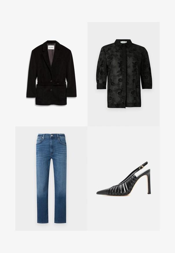 Sort kordfløjl blazer med en skræddersyet pasform, to knapper, bælte i taljen og frontlommer. Foret inderside i en kontrasterende farve.; Sorte skjorte med blomsterbroderi, lange ærmer og krave. Gennemsigtigt stof med en tekstureret finish og detaljerigdom.; Herre jeans med lige ben i blå denim med forlommer, bæltestropper, knaplukning og let falmet på lår og knæ.; Sort højhælet slingback-sko med spids tå og udskårne læderremme med en guldbøjle på ankelremmen.