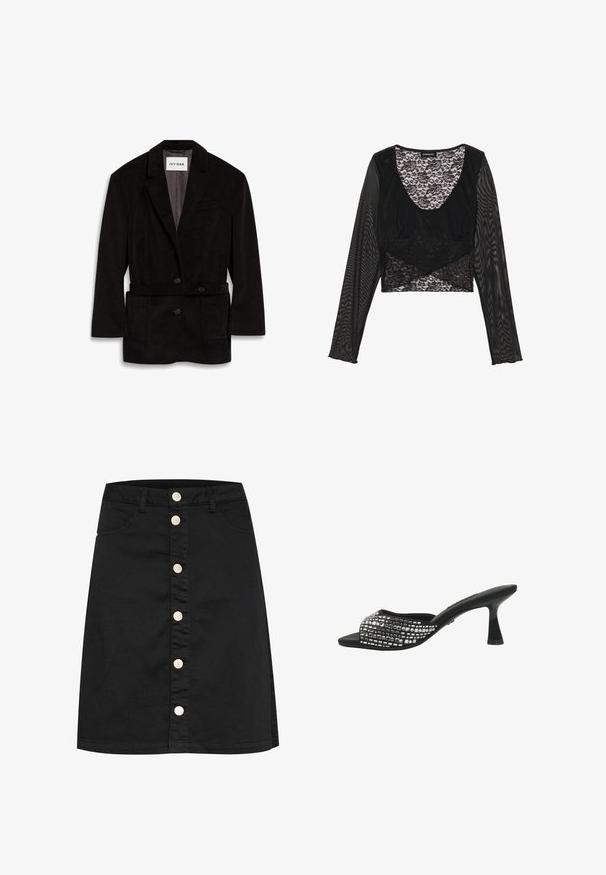 Sort kordfløjl blazer med en skræddersyet pasform, to knapper, bælte i taljen og frontlommer. Foret inderside i en kontrasterende farve.; Sort langærmet top med blondeoverlay og strukturerede meshærmer, som har en dyb V-hals og lagdelte designaccenter.; Sort denimnederdel med lige skæring, der har en frontknaplukning, fem lommer og subtil syning.; Sort mule med åben tå, mellemhøj udvidet hæl og overdelen dekoreret med rektangulære og runde sølvnitter.