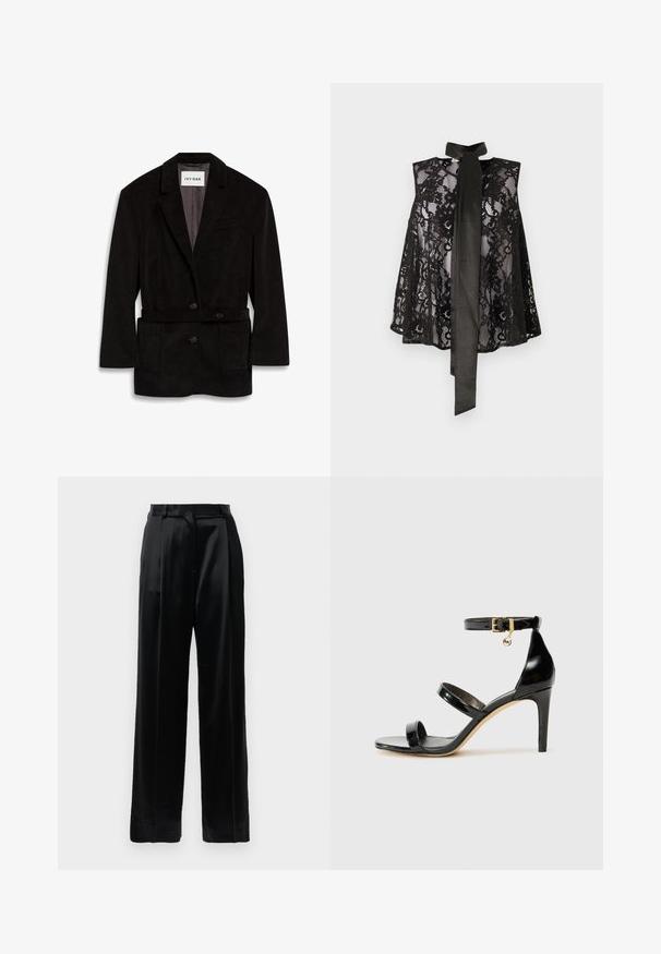 Sort kordfløjl blazer med en skræddersyet pasform, to knapper, bælte i taljen og frontlommer. Foret inderside i en kontrasterende farve.; Sort bluse af blonder med en ærmeløs design og en halsbundet. Blonderne har blomster mønstre og en gennemsigtig tekstur, der skaber et elegant look.; Sorte satinbukser med høj talje, lige brede ben, bæltestropper og flad lukning på en ensfarvet hvid baggrund.; Sorte patenterede lædersandaler med tre stropper, ankelspænde og 10 cm stiletthæl. Har detaljer i guld og et logo charms.