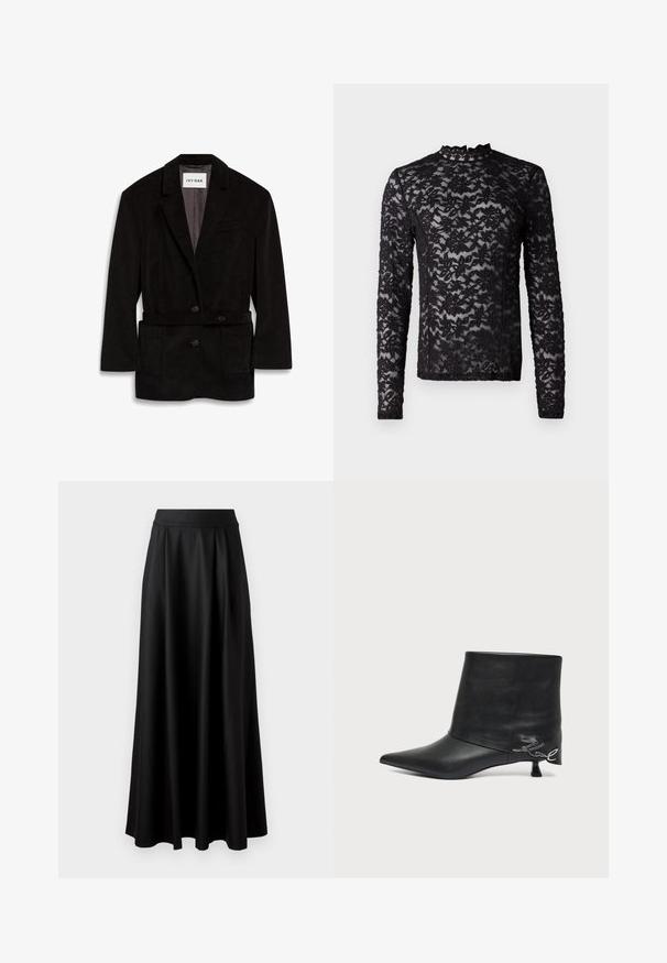 Blazer en velours côtelé noir avec une coupe ajustée, deux boutons, une taille ceinturée et des poches avant. Intérieur doublé d'une couleur contrastante.; Haut en dentelle noire à manches longues transparentes avec un motif floral et un col haut doté d'une petite finition à volants.; Jupe longue noire avec une texture lisse, une taille large et un design plissé, sans motifs ni embellissements visibles.; Bottine en cuir noir avec bout pointu, petit talon kitten et détail écrit argenté près du talon.