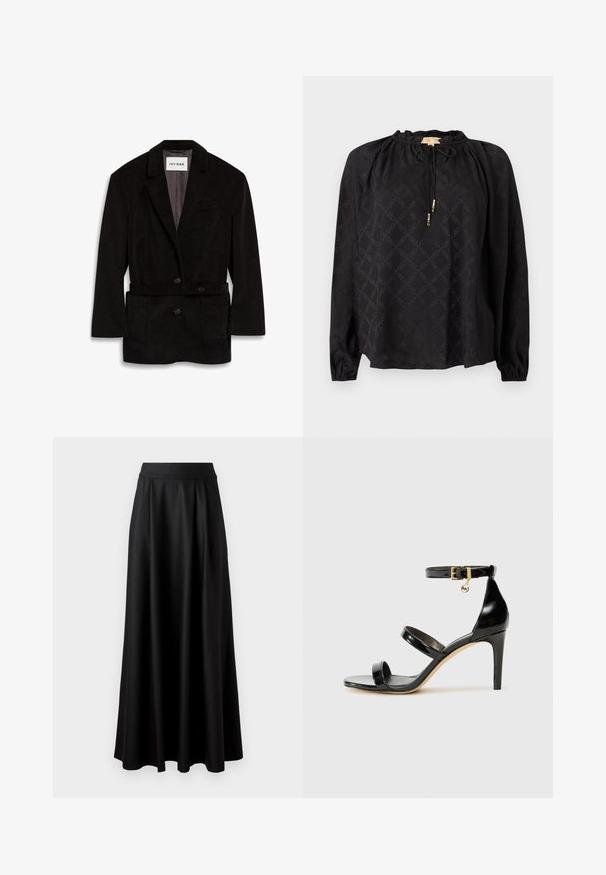 Blazer de pana negra con un corte ajustado, dos botones, cintura ceñida y bolsillos delanteros. Interior forrado en un color contrastante.; Blusa negra de manga larga con escote fruncido, cordón ajustable y un sutil patrón tonal en toda la prenda. Mangas con puños elásticos.; Falda negra de longitud completa con una textura suave, cinturilla ancha y diseño plisado, sin patrones o adornos visibles.; Sandalia de charol negro con tres correas, hebilla en el tobillo y tacón de aguja de 10 cm. Presenta detalles de hardware en oro y un charm con el logo.