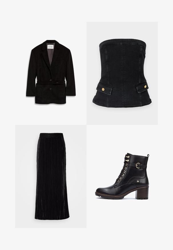 Blazer en velours côtelé noir avec une coupe ajustée, deux boutons, une taille ceinturée et des poches avant. Intérieur doublé d'une couleur contrastante.; Corset sans bretelles en denim noir au design ajusté, avec des accents en métal doré et deux poches avant. Texture lisse, forme structurée.; Jupe maxi en velours noir avec des plis verticaux et une ceinture en dentelle sculptée. Le tissu a une apparence douce et texturée.; Bottines en cuir noir avec des accessoires dorés, bout rond, design à lacets et un talon épais avec finition bois. Présente une accentuation par une sangle sur le côté.