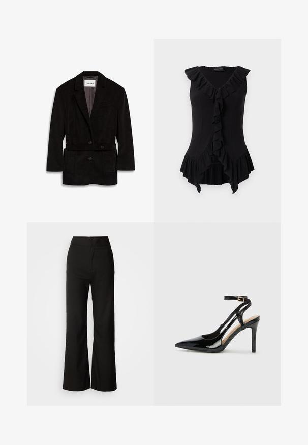 Blazer en velours côtelé noir avec une coupe ajustée, deux boutons, une taille ceinturée et des poches avant. Intérieur doublé d'une couleur contrastante.; Blouse noire ajustée sans manches avec col en V, bordure à volants le long de l'encolure, sur le devant et à l'ourlet, avec l'étiquette "Anna Field" à l'intérieur du col.; Pantalons noirs à jambes larges avec une texture lisse, taille haute et un design épuré. Pas de poches visibles ni d'embellissements.; Escarpin en cuir verni noir à talon haut, avec un bout pointu, une bride réglable à la cheville et des côtés ouverts. Texture lisse.