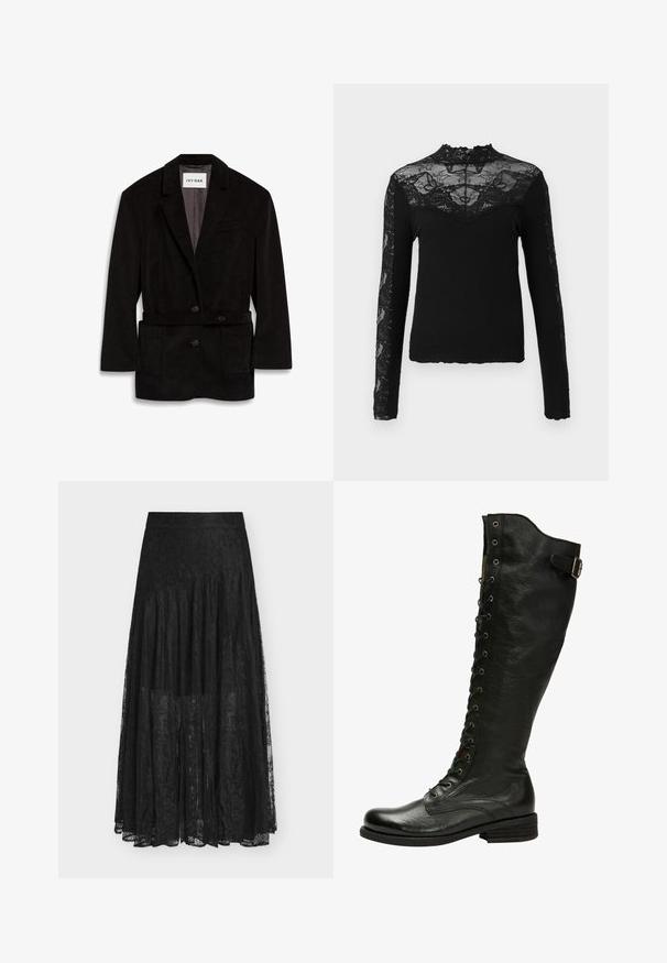Blazer de pana negra con un corte ajustado, dos botones, cintura ceñida y bolsillos delanteros. Interior forrado en un color contrastante.; Top negro de manga larga con cuerpo acanalado y detalles de encaje transparente en los hombros, el cuello y las mangas, con un escote con forma de onda.; Falda de encaje negra con un diseño fluido y de capas. Cuenta con una cintura, patrones florales delicados y una textura transparente. La longitud llega hasta la mitad de la pantorrilla.; Bota de cuero negro hasta la rodilla con cordones en el frente, ojales de plata y hebilla lateral. Presenta un acabado texturizado y tacón apilado.