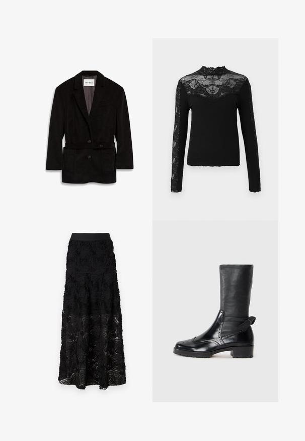 Blazer en velours côtelé noir avec une coupe ajustée, deux boutons, une taille ceinturée et des poches avant. Intérieur doublé d'une couleur contrastante.; Haut noir à manches longues avec un corps côtelé et des détails en dentelle transparente sur les épaules, le col et les manches, avec un col en dentelle festonné.; Maje JOSINO - Jupe longue - noir; Bottine noire avec une tige en cuir lisse, des détails de brogue, un bout rond et un talon bloc de hauteur moyenne. Comprend un tige douce et texturée.