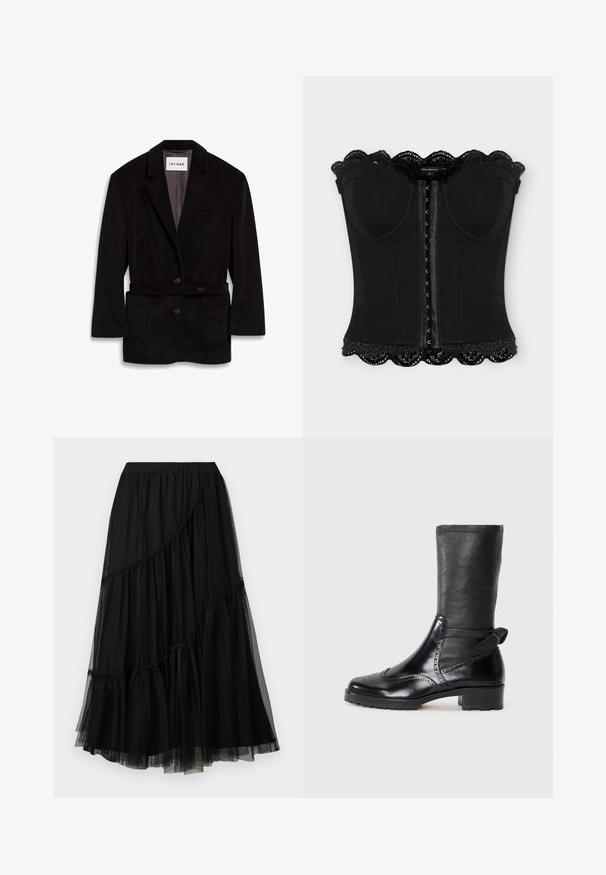 Blazer en velours côtelé noir avec une coupe ajustée, deux boutons, une taille ceinturée et des poches avant. Intérieur doublé d'une couleur contrastante.; Corset noir sans bretelles avec fermeture à crochets à l'avant, bonnets moulés et bordure en dentelle festonnée en haut et en bas.; TWINSET SKIRT - Jupe trapèze - nero; Bottine noire avec une tige en cuir lisse, des détails de brogue, un bout rond et un talon bloc de hauteur moyenne. Comprend un tige douce et texturée.