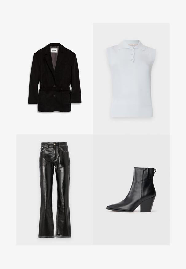 Sort kordfløjl blazer med en skræddersyet pasform, to knapper, bælte i taljen og frontlommer. Foret inderside i en kontrasterende farve.; Lyseblå ærmeløs polo med traditionel krave, tre-knaps placket og ribbet kant. Fremstillet af et glat, blødt stof.; Sorte, højtaljede, flagrende bukser lavet af skinnende materiale med kontrastfarvet hvid syning og en frontlynt. To frontlommer inkluderet.; Sorte læder ankelstøvler med spids tå, struktureret overdel og kraftig høj hæl. Har en elastisk panel på siden for nem påtagning.