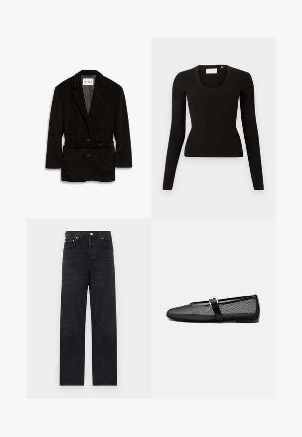 Sort kordfløjl blazer med en skræddersyet pasform, to knapper, bælte i taljen og frontlommer. Foret inderside i en kontrasterende farve.; Sort langærmet top med rund hals, lavet af ribbet materiale, med tætsiddende pasform og minimalistisk design. Ingen synlige mønstre eller detaljer.; Sorte denimjeans med lige ben, prydet med en metalknap og fem lomme-design. Stoffet har en let slidt tekstur.; Sort mesh balletflat med rundt tåparti og justerbar Mary Jane-rem med sølvspænde, på en ensartet lys grå baggrund.