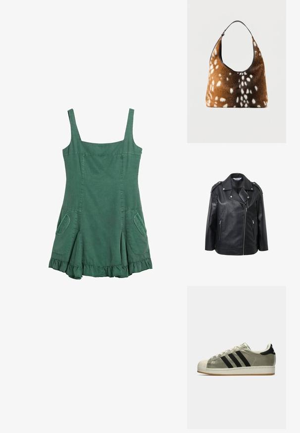 Sort læderbikerjakke med skrå krave, sølvfarvede metaldele, forreste lynlåse og skulderklapper.; Grøn ærmeløs kjole med firkantet halsudskæring, to forlommer og flæsekant.; Adidas sneakers med en metallisk olivenfarvet overdel, tre sorte striber, gummikappe og en gummisål. Klassisk design med struktureret stof.; Brun og sort håndtaske med hvid pletskindtekstur og en enkelt sort skulderrem på en ensfarvet baggrund.