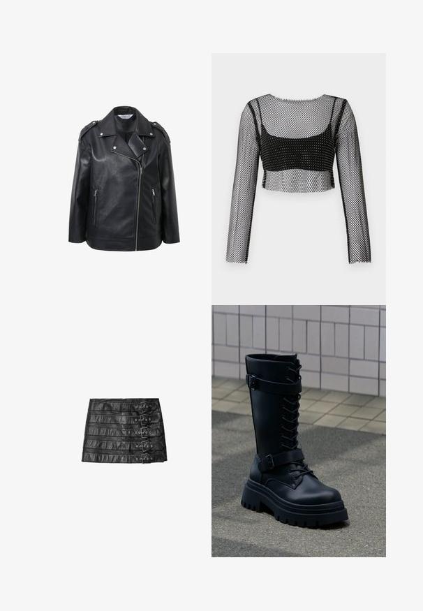 Sort læderbikerjakke med skrå krave, sølvfarvede metaldele, forreste lynlåse og skulderklapper.; Sort mesh crop-top med lange ærmer, med et fiskenet-design og et solidt sort underlag. Kanterne er rå og let frynset.; Sort lædernederdel i miniformat med fem horisontale spænder på højre side, fladt lagt på hvid baggrund.; Sort læder knæhøj kampstøvle med tyk knot sål, front snørebånd og to justerbare stropper med spænder på flisegulv og fortov baggrund.