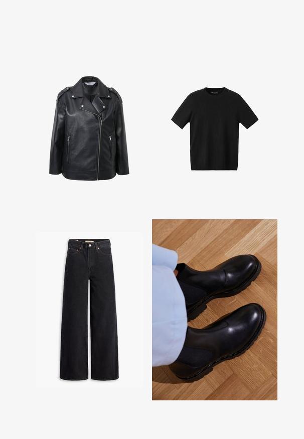 Veste en cuir noir de biker avec un col cranté, des accents en quincaillerie argentée, des zips sur le devant et des épaulettes.; T-shirt noir en maille à manches courtes avec un col rond, doté d'une coupe ajustée et d'une texture lisse, idéal pour un look décontracté.; Jean noir à jambe large en denim, comportant cinq poches, des rivets en laiton et une fermeture à bouton classique. Texture lisse avec un design épuré.; Bottines noires en cuir lisse avec des panneaux latéraux élastiques, une semelle en caoutchouc texturé et des coutures contrastantes le long du bord.