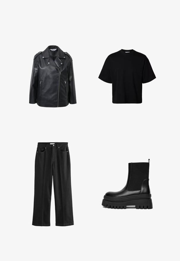 Schwarze Lederbikerjacke mit eingekerbtem Kragen, silbernen Hardware-Details, vorderem Reißverschluss und Schulterepauletten.; Schwarzes Oversized-T-Shirt mit kurzen Ärmeln, Rundhalsausschnitt und lockerem Schnitt, auf weißem Hintergrund dargestellt.; Hoch sitzende schwarze Denim-Hosen mit geradem Bein, ausgestattet mit zwei vorderen Taschen und silberfarbener Hardware. Glatte Textur über die gesamte Fläche.; Schwarze Leder-Stiefelette mit dickem Profilsohle, elastischem Seitenpanel, Zuglasche am Absatz und runder Zehenpartie, im Profil vor weißem Hintergrund dargestellt.