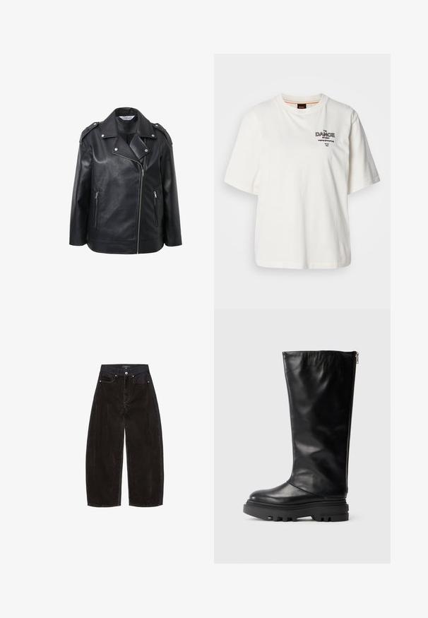 Sort læderbikerjakke med skrå krave, sølvfarvede metaldele, forreste lynlåse og skulderklapper.; Hvid bomuld t-shirt med rund halsudskæring, korte ærmer og sort broderet tekst "THE DANCE STUDIO" på fronten.; Sorte fløjls brede bukser med høj talje, der har forlommer, knaplukning og en tekstureret stoffinish.; Sort læder knæhøj støvle med en rund tå, kraftig gummisål og en lynlås på siden til lukning. Glat tekstur med minimal detaljer.
