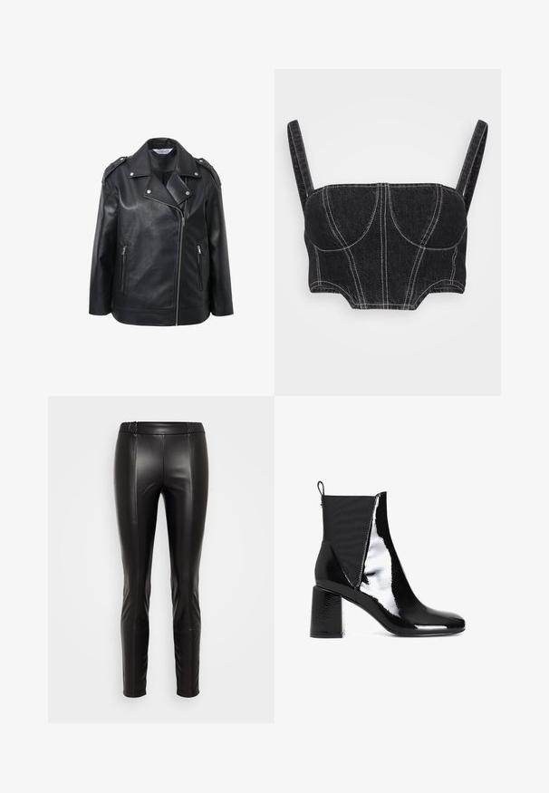 Sort læderbikerjakke med skrå krave, sølvfarvede metaldele, forreste lynlåse og skulderklapper.; Sort denim crop top med tynde stropper, der har hvid syning, struktureret korpus og buede sømme. Glat tekstur og tætsiddende design.; Sorte leggings i imiteret læder med elastisk talje, tætsiddende silhuet, glat tekstur og sømdetaljer, der løber ned foran.; CAFèNOIR Støvletter - black