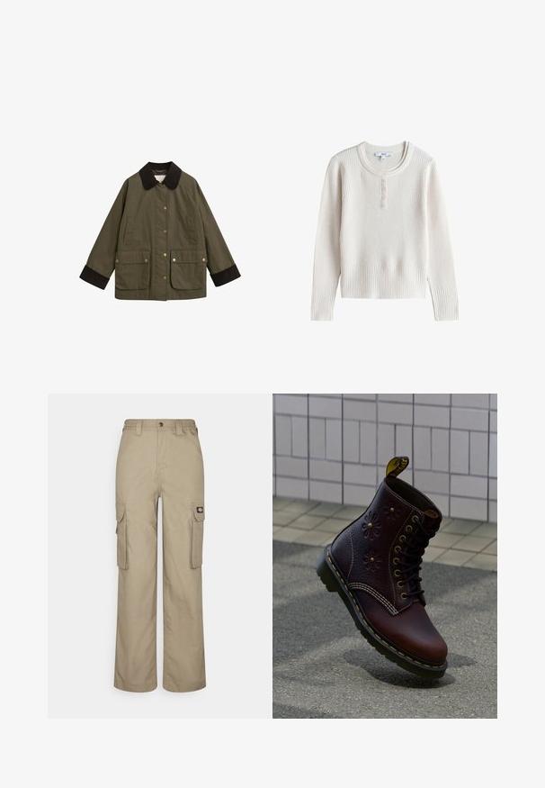 Chaqueta verde oliva con un cuello de pana marrón, grandes bolsillos frontales y botones a presión dorados. Presenta un ajuste holgado y mangas largas.; Jersey de punto acanalado color crema de manga larga con cuello redondo y cinco pequeños botones en la tapeta delantera.; Pantalones cargo beige hechos de un tejido duradero, con un corte relajado, múltiples bolsillos laterales y una cintura elástica con cierre de botón.; Bota de cuero marrón oscuro con grabado floral y costuras amarillas, colocada verticalmente sobre un pavimento texturizado con fondo de pared de azulejos.