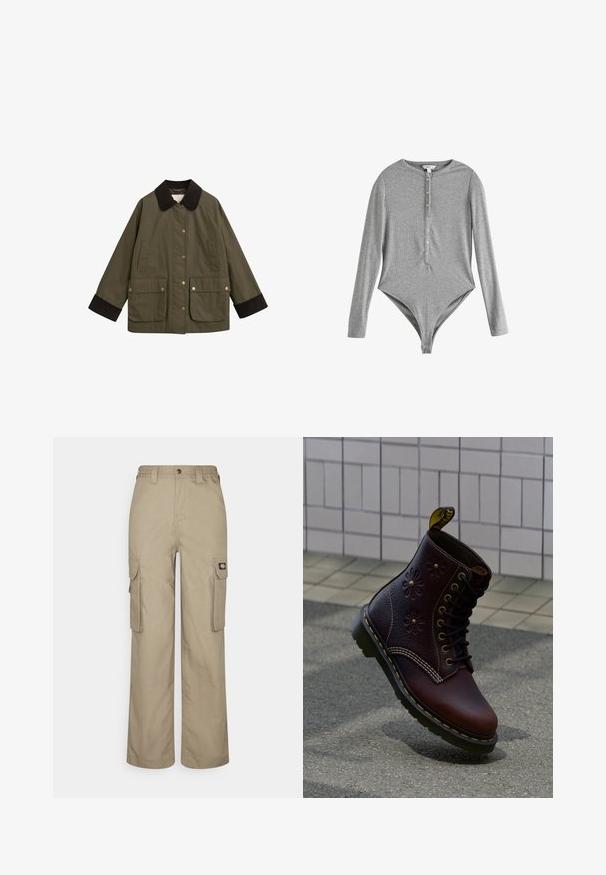 Veste vert olive avec un col en velours côtelé marron, grandes poches avant et boutons-pression dorés. Elle présente une coupe décontractée et de longues manches.; Body gris à manches longues avec un col rond, fermeture à boutons sur le devant, texture côtelée et coupe ajustée. Fabriqué en tissu doux.; Pantalons cargo beiges en tissu durable, offrant une coupe décontractée, plusieurs poches latérales et une taille élastique avec une fermeture à bouton.; Botte en cuir brun foncé avec embossage floral et coutures jaunes, positionnée debout sur un pavé texturé avec un mur carrelé en arrière-plan.