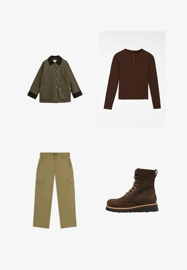 Chaqueta verde oliva con un cuello de pana marrón, grandes bolsillos frontales y botones a presión dorados. Presenta un ajuste holgado y mangas largas.; Camiseta marrón de manga larga hecha de material acanalado, con cuello redondo, tapeta con cinco botones y dobladillo recto.; Pantalones cargo verde oliva con corte recto, bolsillos de solapa en cada pierna y cierre de botón en la cintura. Fabricados con tela duradera.; Bota de tobillo de ante marrón con cierre de cordones, ojales metálicos y costuras en beige en contraste. Suela de goma gruesa con diseño de relieve.