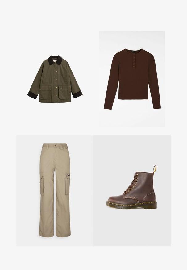 Chaqueta verde oliva con un cuello de pana marrón, grandes bolsillos frontales y botones a presión dorados. Presenta un ajuste holgado y mangas largas.; Camiseta marrón de manga larga hecha de material acanalado, con cuello redondo, tapeta con cinco botones y dobladillo recto.; Pantalones cargo beige hechos de un tejido duradero, con un corte relajado, múltiples bolsillos laterales y una cintura elástica con cierre de botón.; Botas marrones de cuero con cordones, con costuras amarillas, punta redonda y una suela de goma resistente. Presentan una lengüeta en el talón para facilitar el calzado.