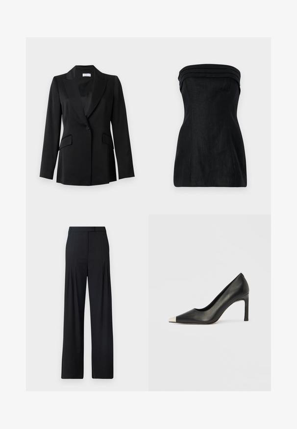 Blazer noir à un bouton avec revers crantés, poches à rabat, manches longues et coupe cintrée.; Haut sans bretelles noir avec une coupe structurée, présentant des accents superposés au niveau du col et une texture lisse. Silhouette droite avec des détails de couture.; Pantalons larges noirs avec un devant plat, des plis et une taille ajustée. Fabriqués en tissu lisse et léger.; Chaussure à talon haut en cuir noir avec bout pointu et capuchon argenté métallique. Présente une finition lisse et un talon fin de 10 cm.