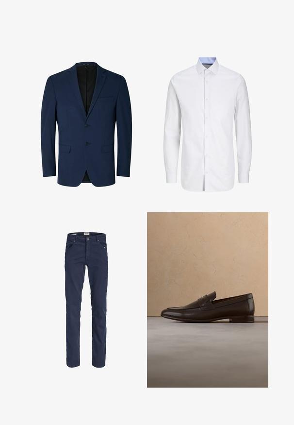 Marineblauer Blazer aus glattem Stoff, mit Reverskragen, zweifacher Knopfleiste und zwei Seitentaschen. Schlichtes, maßgeschneidertes Design.; Herrenweißes langärmliges Hemd mit feinem Karomuster und blauem Innenkragen, durchgehender Knopfleiste und spitzem Kragen.; Marineblaue schlanke Herrenhose mit fünf Taschen, Knopfverschluss und Gürtelschlaufen, vor weißem Hintergrund präsentiert.; Dunkelbrauner Lederloafer schwebt über einem beigen Teppich mit einem gebogenen, beigen Sofa im Hintergrund.