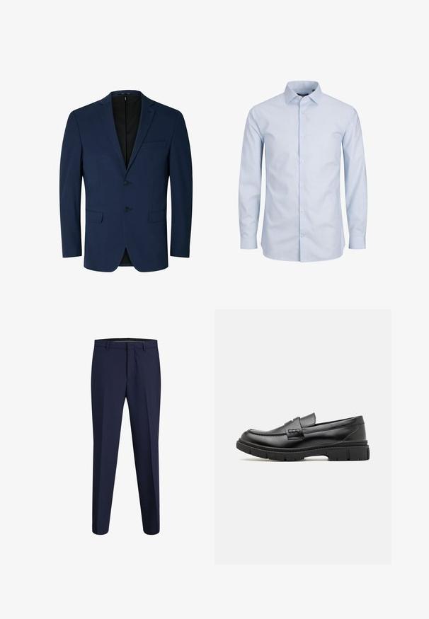 Marineblauer Blazer aus glattem Stoff, mit Reverskragen, zweifacher Knopfleiste und zwei Seitentaschen. Schlichtes, maßgeschneidertes Design.; Himmelblaues Langarmhemd aus glattem Stoff. Verfügt über einen klassischen Kragen, frontale Knöpfe und einen geraden Saum. Keine Muster oder Akzente.; Marineblaue, maßgeschneiderte Hose aus glattem Stoff mit flachem Vorderteil, geradem Bein und Standardbund, ausgestattet mit Seitentaschen.; Schwarze Lederloafer mit einem breiten Riemen über dem Rist, Gummisohle mit dicken Profilen und glatter Textur. Klassisches, schlankes Design.