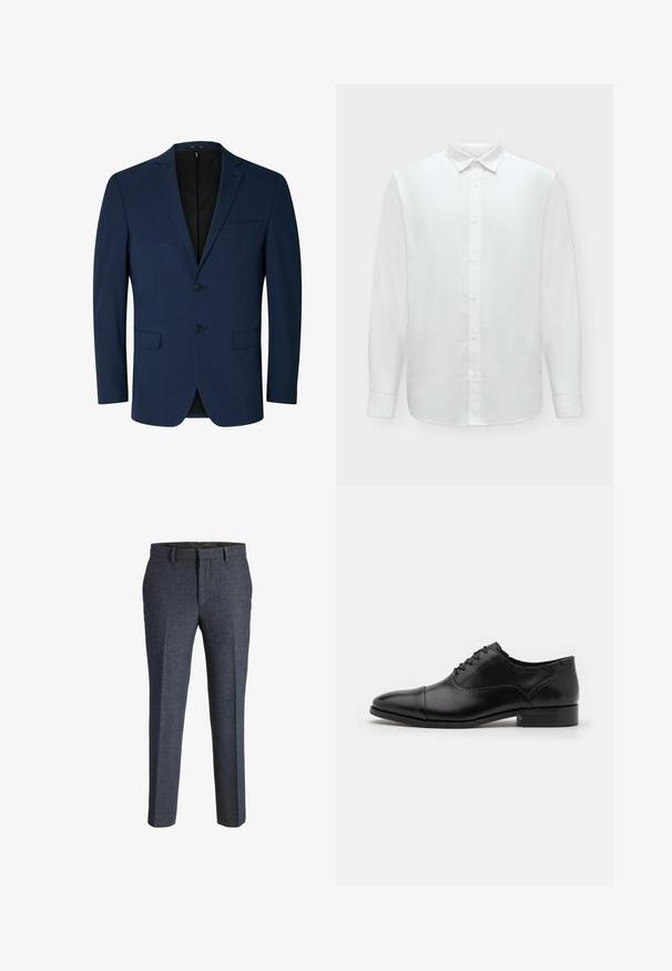 Marineblauer Blazer aus glattem Stoff, mit Reverskragen, zweifacher Knopfleiste und zwei Seitentaschen. Schlichtes, maßgeschneidertes Design.; Langärmliges weißes Hemd mit Knopfleiste vorne und Kragen, vor einem schlichten hellen Hintergrund gezeigt.; Hose aus einem Wollmix in Marineblau mit strukturiertem Muster, tailliertem Schnitt, flachem Bund und Gürtelschlaufen. Einfaches, gerades Bein Design.; ALDO ABAWIENFLEX - Schnürer - other black