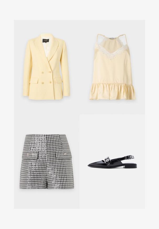 Blazer croisé couleur crème avec revers à encoche, manches longues, deux poches à rabat sur le devant et quatre boutons, présenté sur un fond uni.; Camisole en satin crème avec bordure en dentelle blanche au niveau de l'encolure, bretelles spaghetti réglables et ourlet à volants.; Mini-jupe à motif pied-de-poule noir et blanc avec deux poches avant à rabat et boutons décoratifs.; Ballerine pointue en cuir verni noir avec double boucle argentée et talon slingback sur fond blanc.