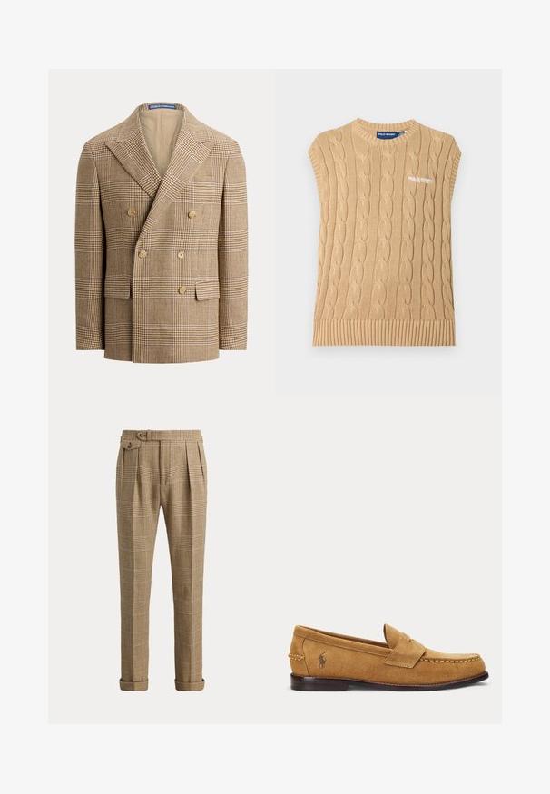 Beige en bruine houndstooth double-breasted blazer met brede revers, zes knopen en klepzakken aan de voorkant.; Beige kabelgebreide mouwloze sweatervest met geribde zoom en het "POLO SPORT"-logo geborduurd op de borst.; Bruine geruite broek met hoge taille, plooien, omgeslagen zoom, zijzakken en een met knopen vastgemaakte lus bij de tailleband.; Tan suède loafer met gestikte details en een klein geborduurd paardenlogo aan de zijkant, met een lage houten hak en instapmodel.