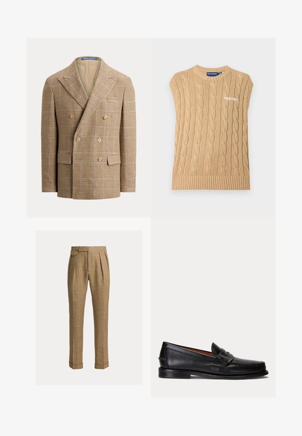Μπεζ και καφέ σακάκι διπλής ραφής με σχέδιο houndstooth, φαρδιές πέτες, έξι κουμπιά και μπροστινές τσέπες με καπάκι.; Μπεζ αμάνικη πλεκτή μπλούζα με πλεκτό ρεβέρ και κεντημένο λογότυπο «POLO SPORT» στο στήθος.; Καφέ καρό παντελόνια ψηλόμεσα με πιέτες, πλαϊνές τσέπες, πλαϊνή ταινία με κουμπιά, ρεβέρ και εφαρμοστή ίσια γραμμή.; Μαύρο δερμάτινο μοκασίνι με χαμηλό τακούνι και λεπτομέρεια με λουράκι penny, εμφανιζόμενο πλευρικά σε ανοιχτό γκρι φόντο.
