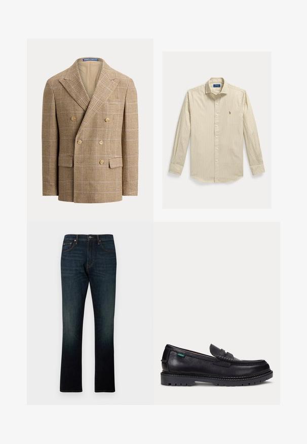 Μπεζ και καφέ σακάκι διπλής ραφής με σχέδιο houndstooth, φαρδιές πέτες, έξι κουμπιά και μπροστινές τσέπες με καπάκι.; Πουκάμισο μακρυμάνικο με κάθετες ρίγες σε μπεζ και λευκό, με γιακά και κεντημένο στο στήθος το λογότυπο Polo Ralph Lauren.; Σκούρο μπλε τζιν κανονικής γραμμής με πέντε τσέπες και πορτοκαλί ραφές, εμφανίζεται επίπεδο σε λευκό φόντο.; Μαύρο δερμάτινο μοκασίνι με παχύ, τραχωτό πέλμα και μικρό πράσινο ετικέτα "Polo" στο εξωτερικό μέρος κοντά στη φτέρνα.