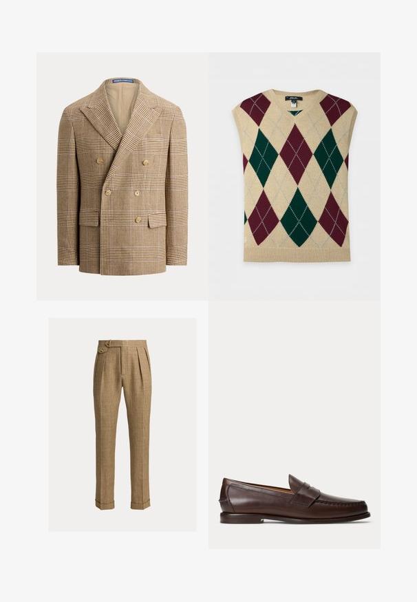 Beige en bruine houndstooth double-breasted blazer met brede revers, zes knopen en klepzakken aan de voorkant.; Mouwloos beige gebreid sweatervest met groot groen en bordeaux argyle ruitpatroon en V-hals.; Bruine geruite broek met hoge taille, plooien, zijzakken, knoopsluiting aan de zijkant, omgeslagen zoom en rechte, op maat gemaakte pijpen.; Donkerbruine leren penny loafer met stikseldetails en lage gestapelde hak, van opzij gezien op een effen achtergrond.