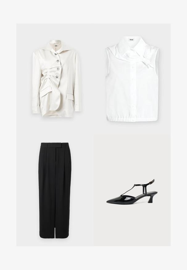 Blazer en satin blanc au design structuré, avec une fermeture à boutons, un col surdimensionné et un détail de tissu drapé sur un côté.; Chemise blanche sans manches à boutons avec col et un nœud près de l'encolure, avec une étiquette de marque à l'intérieur du col.; Pantalon noir taille haute à jambes larges avec un pli frontal, passants de ceinture, et une fermeture dissimulée sur fond blanc.; Chaussure slingback en cuir verni noir à bout pointu avec bride en T et petit talon bloc incliné sur fond blanc.