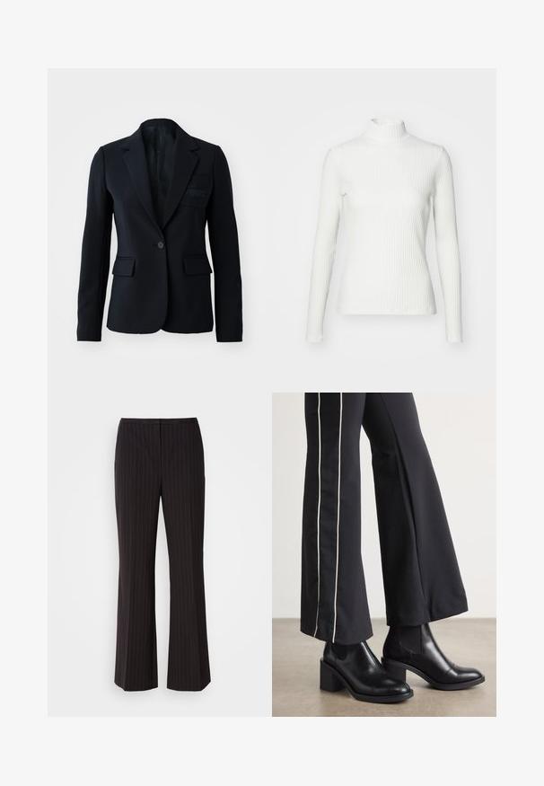 Blazer negro con cierre de un solo botón, dos bolsillos frontales, solapas con muesca y detalle sutil del logo en el bolsillo del pecho. Tejido suave, diseño estructurado.; Top de cuello alto blanco con canalé y mangas largas, fabricado en una tela elástica. Presenta un diseño ajustado y un escote alto para mayor cobertura.; Pantalones de pierna ancha a rayas negras con una tela suave, que presentan una cinturilla de tiro medio y un diseño frontal limpio. Sin bolsillos visibles.; Botines de cuero negro con tacón cuadrado, con paneles laterales elásticos. Combinados con pantalones negros que tienen una franja blanca lateral.