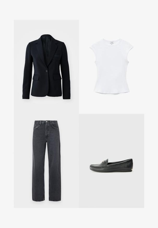 Čierny blazer s jedným gombíkom, dvoma prednými vreckami, s hranatými klopami a jemným logom na vrecku na hrudi. Mäkka tkanina, štruktúrovaný dizajn.; Biely krátky rukáv rebrovaný bavlnený top s okrúhlym výstrihom a mierne rozšíreným pásom, položený na bielom pozadí.; Čierne džínsové nohavice s širokými nohavicami a vyblednutým vzhľadom, vybavené dvoma prednými vreckami a zapínaním na gombík v páse. Klasický strih s piatimi vreckami.; Čierne kožené mokasíny s textúrovaným povrchom, mierne zaoblenou špičkou, dekoratívnym prešívaním a zlatým akcentom vpredu.