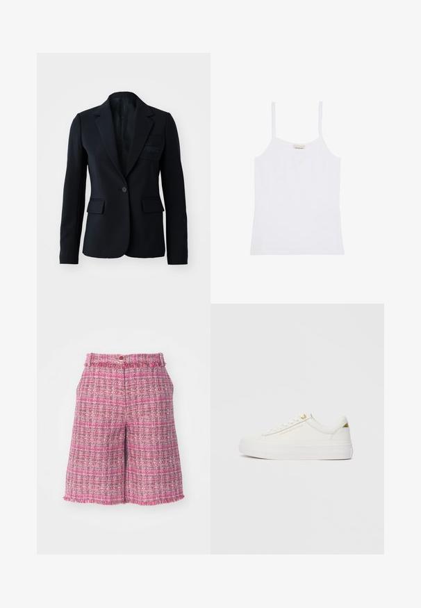 Čierny blazer s jedným gombíkom, dvoma prednými vreckami, s hranatými klopami a jemným logom na vrecku na hrudi. Mäkka tkanina, štruktúrovaný dizajn.; Biele dámske tielko Calvin Klein s tenkými ramienkami a jednoduchým, priliehavým dizajnom.; Ružové tweed šortky s textúrovaným vzorom a rozstrapkaným okrajom. Majú pás s gombíkovým zapínaním. Ľahký materiál, dĺžka do polovice stehna.; Nízkopriedorové biele tenisky so zlatými akcentmi, textúrovaný zvršok, biele šnúrky a značka "Tommy Hilfiger" na boku.
