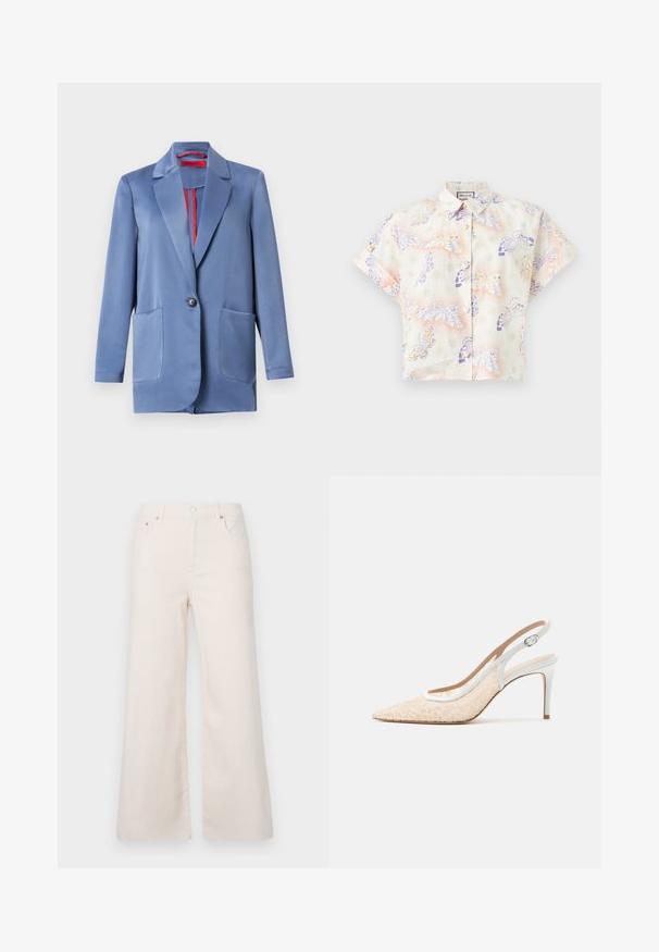 Blå satin blazer med to-knaps lukning, klapper og to forlommer. Indersiden har en kontrastfarvet rød foer.; Kortærmet skjorte med knapper og krave, hvid base og pastel sommerfugleprint i lilla, gul og grøn.; Bredde ben, lysebeige denimbukser med høj talje, fem lommer og knaplukning foran. Glat tekstur, minimale syningsdetaljer.; Beige spids tå slingback højhælet sko med hvidt blomsterblonde overlay og hvid justerbar ankelrem.