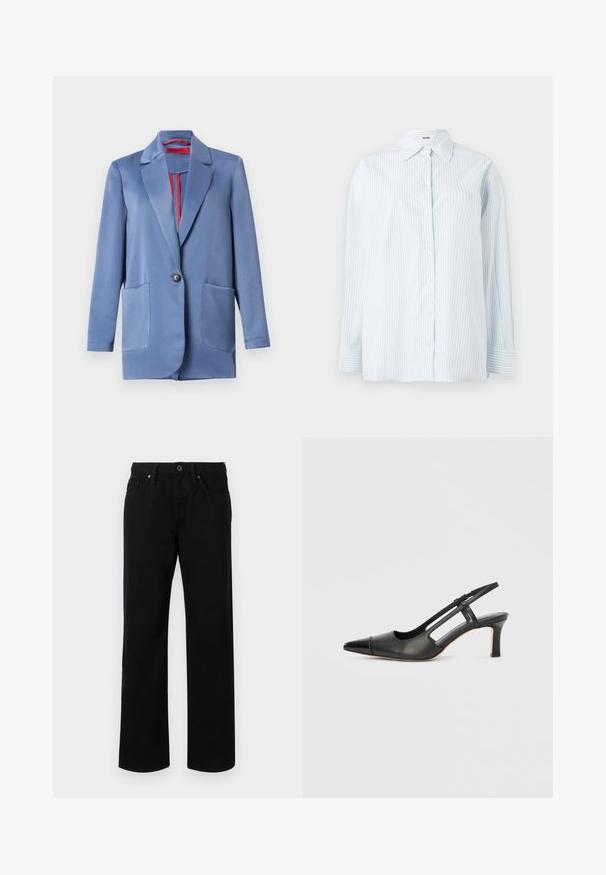 Blå satin blazer med to-knaps lukning, klapper og to forlommer. Indersiden har en kontrastfarvet rød foer.; Lyseblå stribet skjorte med knapper lavet af stof med en glat tekstur; har en klassisk krave og lange ærmer med knapmanchetter.; Sort lige ben jeans lavet af bomuld, med en front knaplukning, bæltestropper og fem lommer. Glat tekstur uden mønstre.; Sort læder slingback-sko med spids tå, der har en blank accent på tåhætten og en mellemhøj hæl. Åben sidesektion.