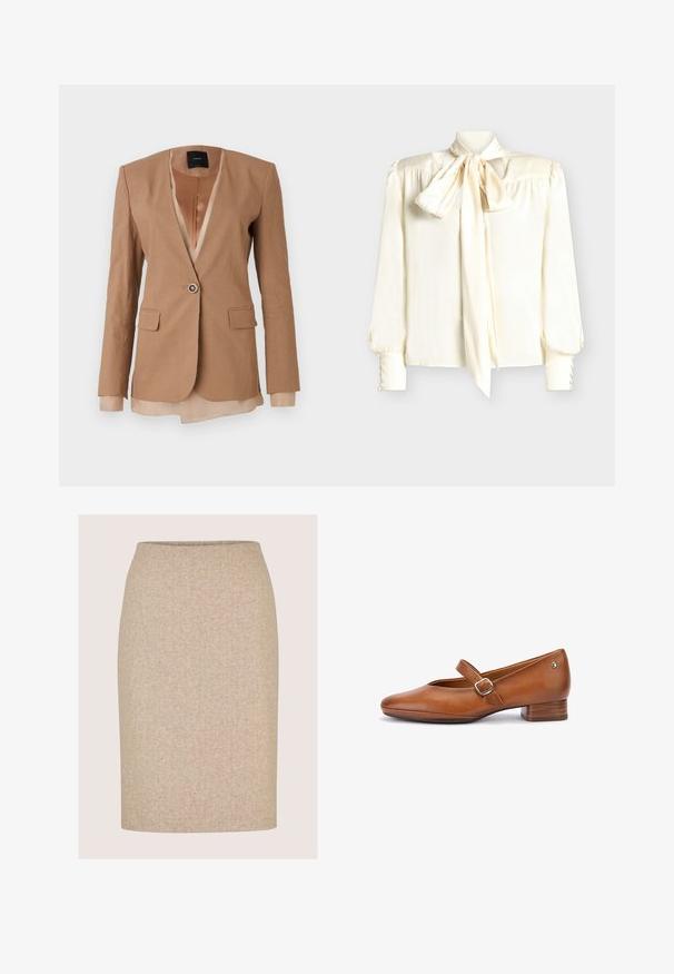 Veste cintrée marron avec un décolleté en V profond, deux poches avant et une fermeture à un seul bouton. La couche intérieure est en satin et de couleur plus claire.; Blouse de couleur crème avec col lavallière, manches longues ornées de boutons aux poignets, et une texture lisse et brillante.; Jupe crayon beige longueur genou avec un motif chevrons subtil et sans coutures ni ornements apparents.; Chaussure Mary Jane en cuir marron avec petit talon carré et bride réglable à boucle sur fond blanc.
