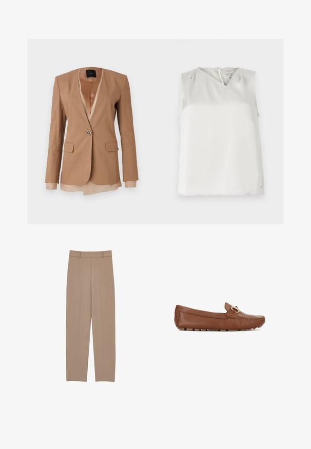 Veste cintrée marron avec un décolleté en V profond, deux poches avant et une fermeture à un seul bouton. La couche intérieure est en satin et de couleur plus claire.; Blouse blanche sans manches avec col en V, plis subtils aux épaules et fermeture éclair au dos, présentée sur un fond uni.; Pantalons beige ajustés à jambe droite, dotés d'un devant plissé, de passants de ceinture et de détails de surfilage subtils. Tissu lisse et léger.; Mocassins en cuir marron à bout arrondi, coutures décoratives et accent doré. La semelle est dotée de petits picots en caoutchouc texturés.