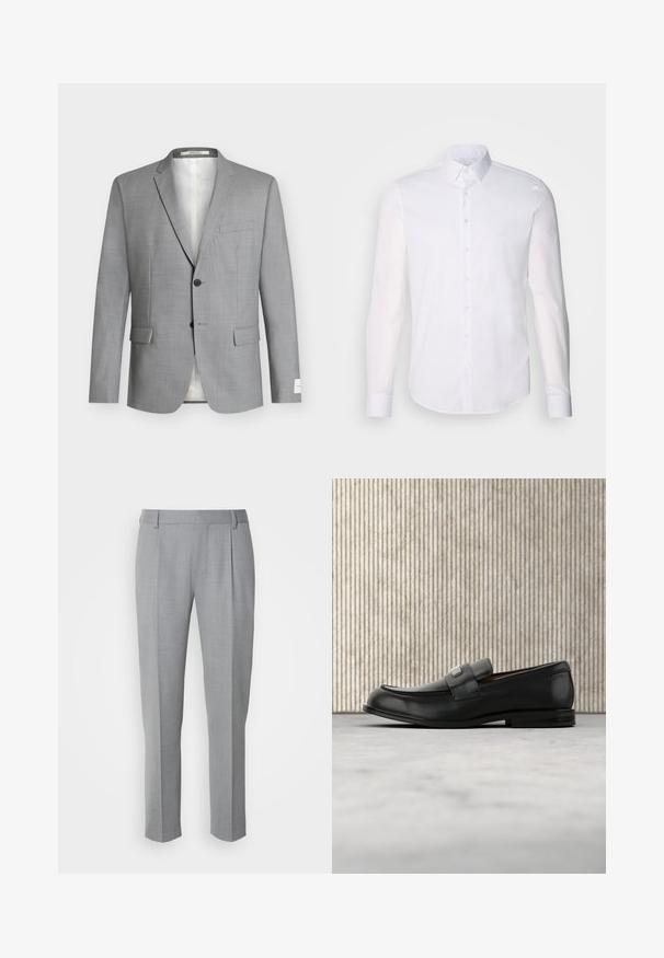 Veste de costume homme gris clair à revers crantés, deux boutons devant, trois poches à rabat et une poche poitrine passepoilée, présentée sur fond blanc.; Chemise blanche à manches longues en coton, dotée d'un col classique, de boutons à l'avant et de détails de couture minimalistes.; Pantalons gris sur mesure avec une texture lisse, présentant un devant plat, des jambes droites et de légères pinces pour plus de détail.; Mocassin en cuir noir avec une plaque de marque en métal reposant près d'une table ronde marron sur un sol recouvert de moquette beige.