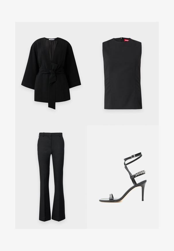 Veste noire à manches longues de style kimono avec de larges manches et une ceinture en tissu à l'avant nouée à la taille.; Top noir sans manches avec un col haut, des pinces sur le devant et une fermeture éclair invisible au dos. Fabriqué en tissu lisse avec une coupe structurée.; Pantalons évasés noirs en tissu texturé, dotés d'une taille avec passants de ceinture, d'une coupe ajustée et de poches latérales.; Sandale noire à talon haut avec fine bride à la cheville, bride médiane décorée de maillons de chaîne argentés, et design à bout ouvert.