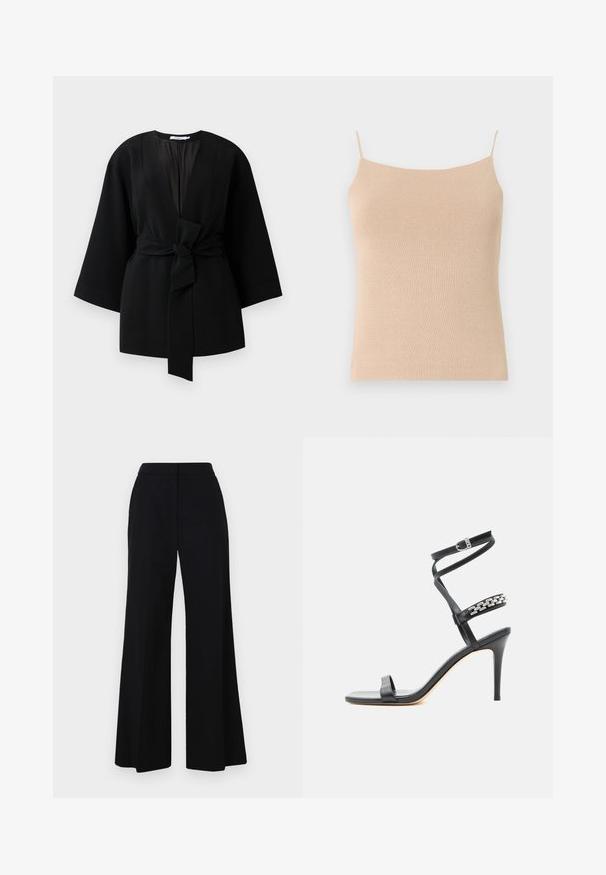 Zwarte lange kimono-stijl jas met brede mouwen en een voorpand dat met een strik op de taille is vastgebonden.; Beige gebreide top met dunne bandjes, met een aansluitend ontwerp en textuurstof, ideaal voor het dragen in lagen of casual gebruik.; Zwarte wijde broek met hoge taille, gemaakt van zachte stof en met strakke lijnen. Geen zichtbare hardware of patronen.; Zwarte sandaal met hoge hak, smalle enkelband, middenvoetband versierd met zilveren schakels en een open teenontwerp.