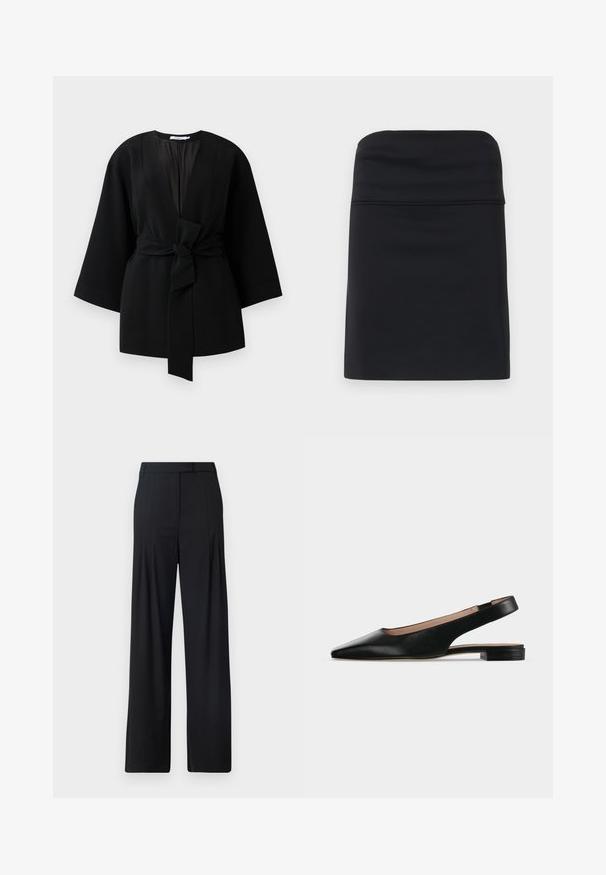 Zwarte lange kimono-stijl jas met brede mouwen en een voorpand dat met een strik op de taille is vastgebonden.; Zwarte aansluitende rok met een gladde textuur, gekenmerkt door een eenvoudig, strak ontwerp en een rechte silhouet. Geen zichtbare onderdelen of patronen.; Zwarte wijde broek met een vlakke voorkant, plooien en een tailored tailleband. Gemaakt van gladde, lichtgewicht stof.; Zwarte leren slingback platte schoen met spitse neus en lage vierkante hak op een witte achtergrond.