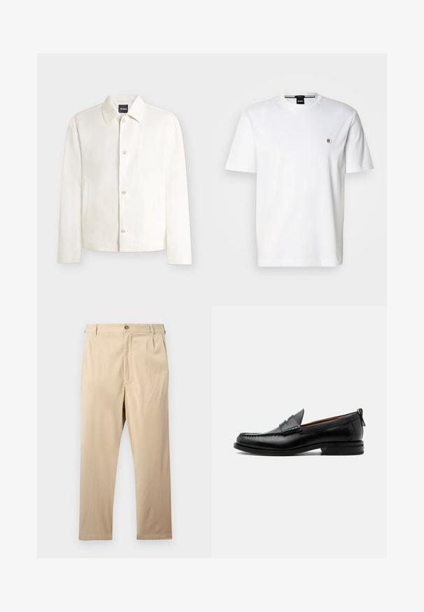 Veste blanche à manches longues avec col et poches latérales, présentée sur un fond uni.; T-shirt en coton blanc avec un col rond, des manches courtes et un petit logo sur la poitrine gauche. Texture lisse, coupe classique.; Pantalon beige à jambes droites avec fermeture par bouton et zip, passants pour ceinture et poches latérales, posé à plat sur un fond clair.; Mocassin homme en cuir noir avec couture moc toe, bride penny, col texturé et petit talon empilé sur fond blanc.